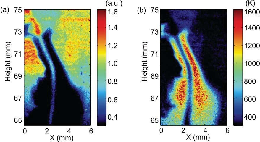 from these images, especially in this case where the laser sheet cross the hot line of the diacharge volumn. A plasma column is identified from both the Rayleigh image and the temperature image.