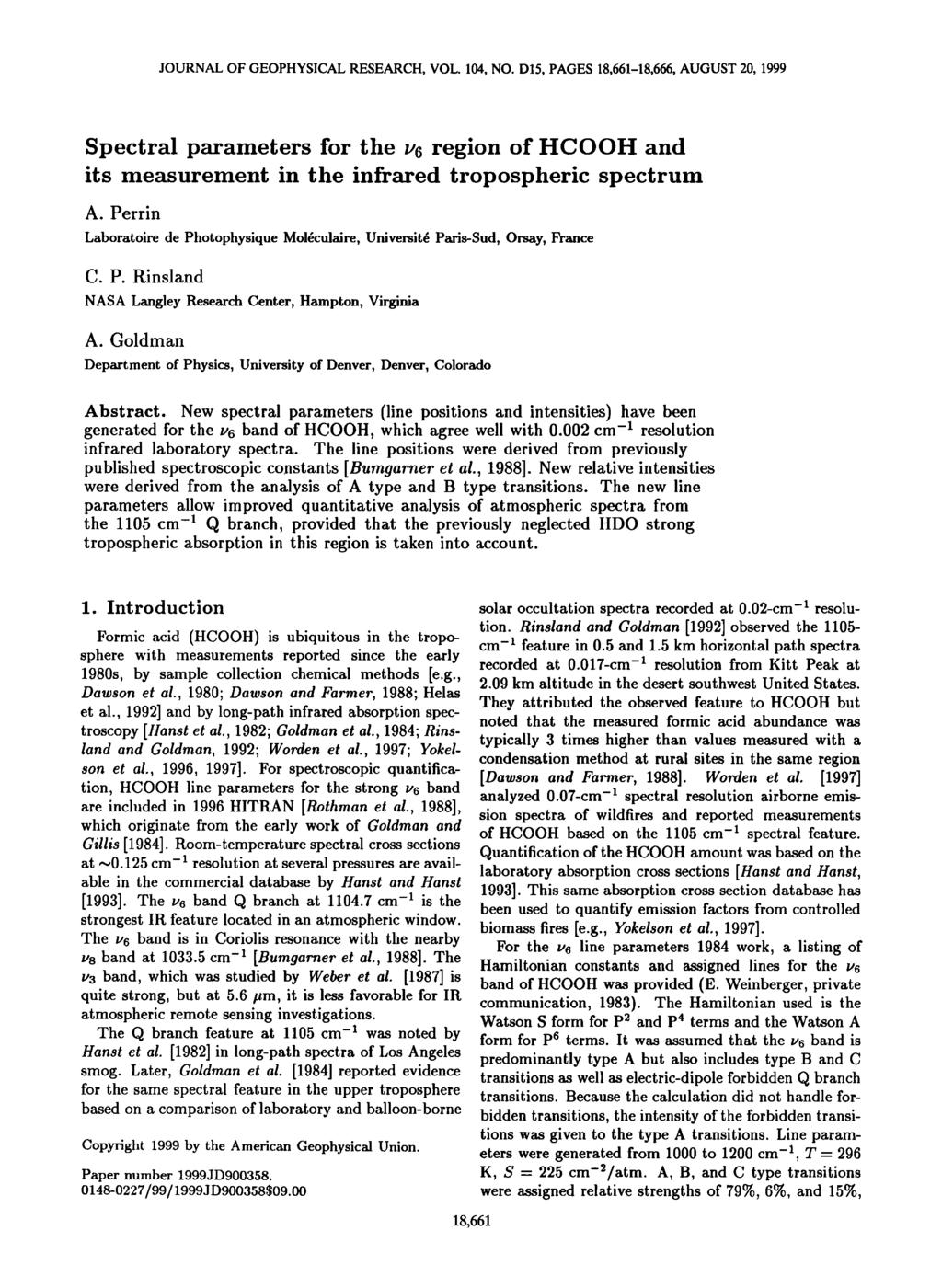 JOURNAL OF GEOPHYSICAL RESEARCH, VOL. 104, NO. D15, PAGES 18,661-18,666, AUGUST 20, 1999 Spectral parameters for the region of HCOOH and its measurement in the infrared tropospheric spectrum A.