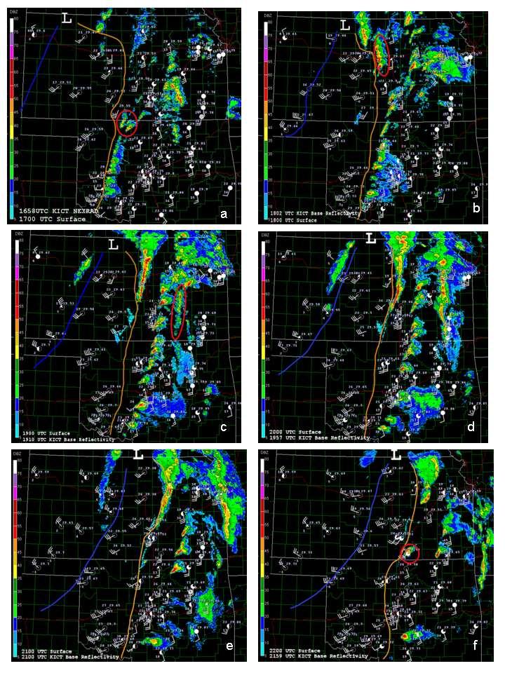 Figure 4: Composite of KICT Base reflectivity and surface observations. a)1700utc Supercell initaition highlighted in red. b)1800 UTC, Western line initiation highlighted in red.