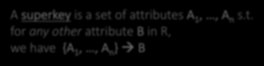 Keys and Superkeys A superkey is a set of attributes A 1,, A n s.t. for any other attribute B in R, we have {A 1,, A n } à B i.e. all attributes are functionally determined by a superkey.