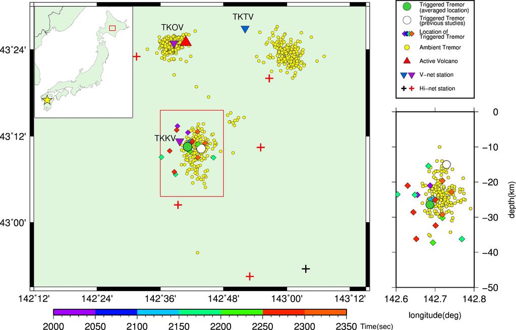 Figure 3. Observations of triggered tremor and ambient tremors in the volcanic region of central Hokkaido. The green circle is the triggered tremor detected in this study.