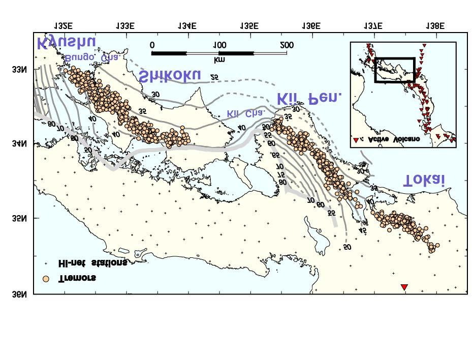 Distribution of tremors (2001/1/1-2001/12/31) 2001/12/31) Depth-distribution of