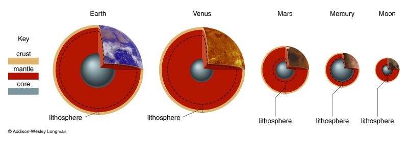 All of the terrestrial planets, and Earth s moon have a similar internal structure, but the relative sizes are different depending on how hot