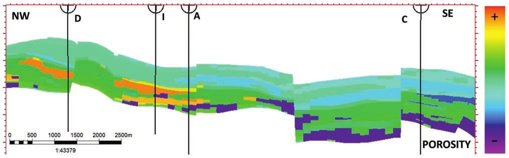 The 3D geobody shows the lateral and vertical distribution of the superporosity facies, crossing some wells. This lithofacies is characterized by grainstones and stromatolites with vugular porosity.