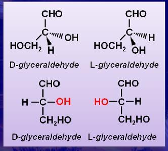 D and L designations are based on the configuration about the single asymmetric carbon in glyceraldehyde.
