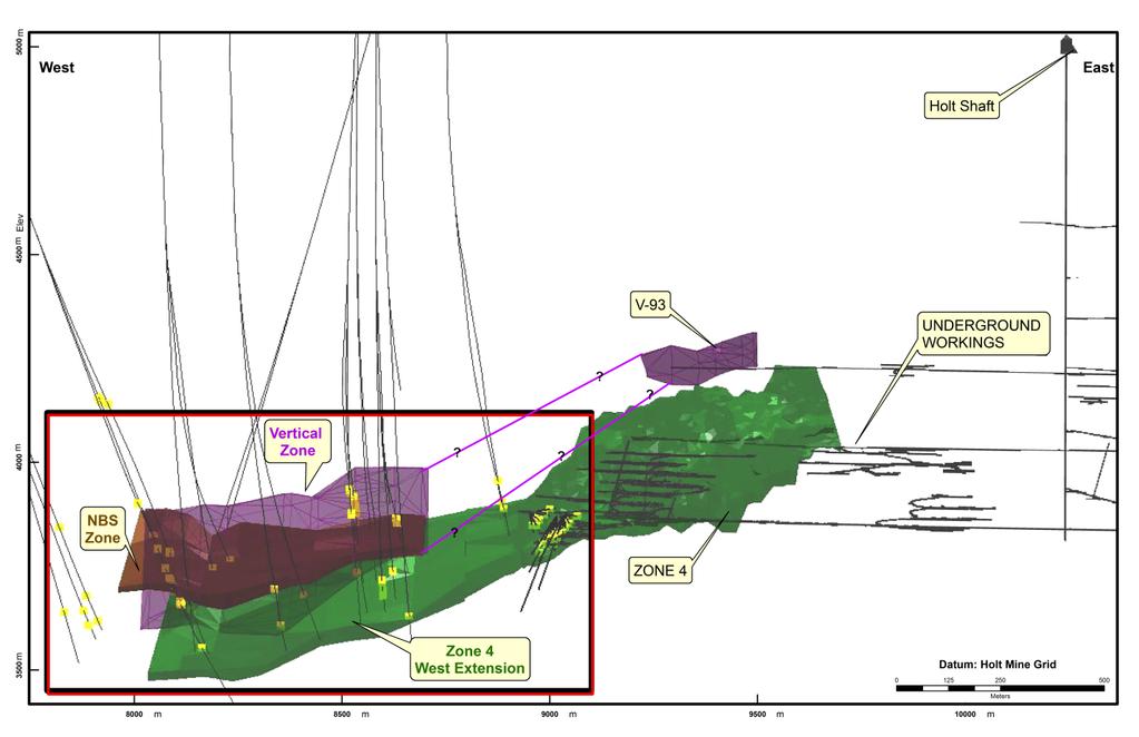 Holt - Phase 2 Zone 4 Deep West Extension Drill program Recent 2015 surface exploration drilling programs on the Holt property continue to follow-up on the Zone 4 Deep West Extension targeting
