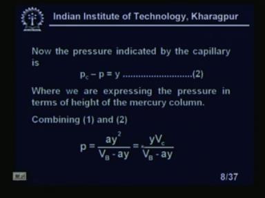 (Refer Slide Time: 14:19) Now, the pressure is indicated by the cap, now the pressure indicated by the capillary is p c minus p that compressed pressure minus the pressure actually indicate, I, which