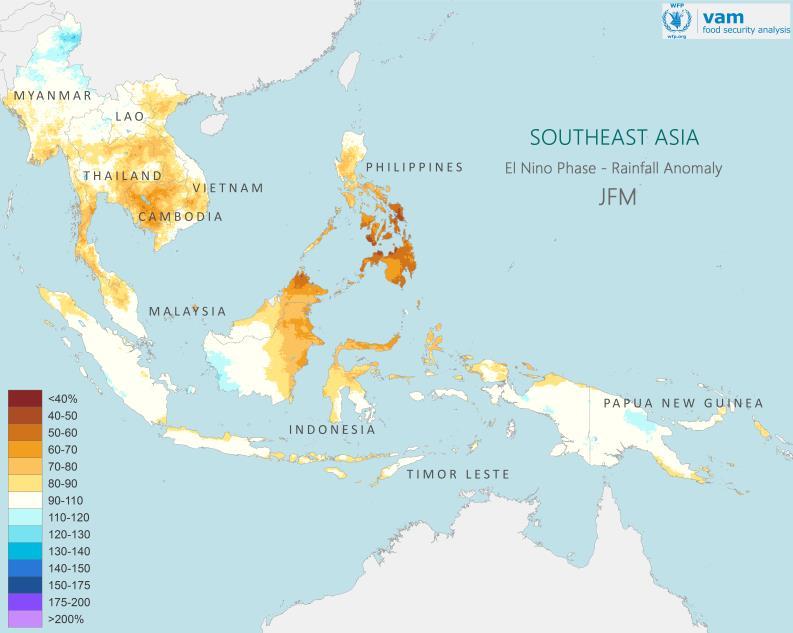 El Nino Impacts: SE Asia Rainfall forecasts for Oct-Dec 2018 rainfall. Orange shades for drier than average, greens for wetter than average June-August 2018 rainfall as a percent of average.