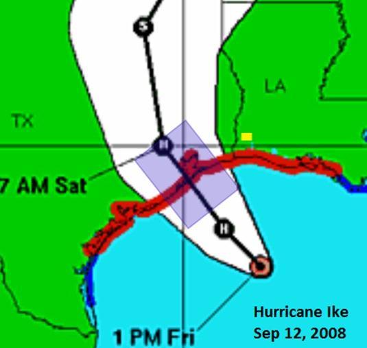 Figure 4. Image of Hurricane Ike forecast path and warning areas, 12 September 2008, from the National Hurricane Center.