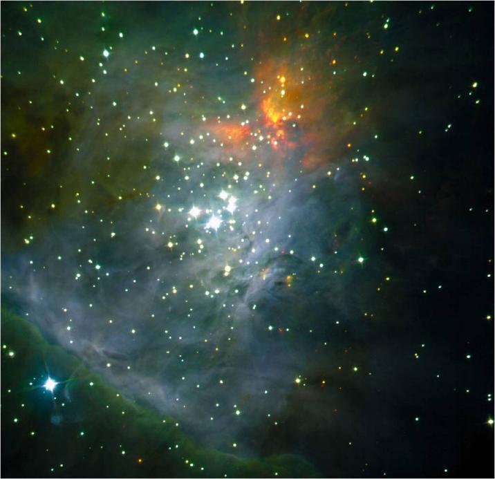 The cloud is actually illuminated by the young stars forming in it. Most of the energy illuminating this nebula comes from a group of four stars known as the Trapezium.