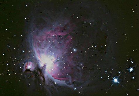 The Orion Nebula can be seen with the naked eye from a dark location on a clear moonless night. It is easily seen using a pair of binoculars.