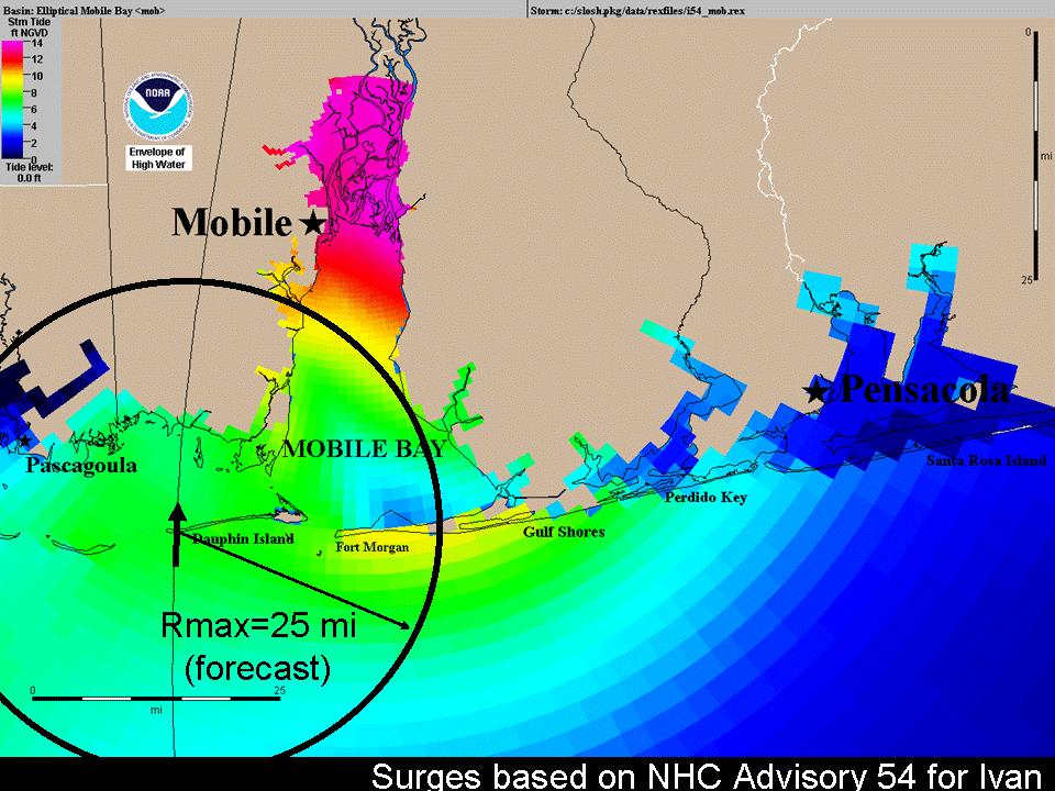 Case Study: Hurricane Ivan Top Left: Real-time deterministic SLOSH run for Ivan at advisory
