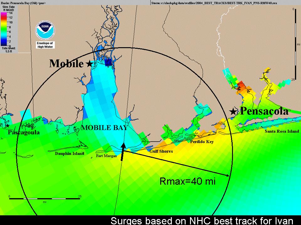 for Pensacola Bottom Right: Hindcast best track SLOSH results for Ivan Track forecast off