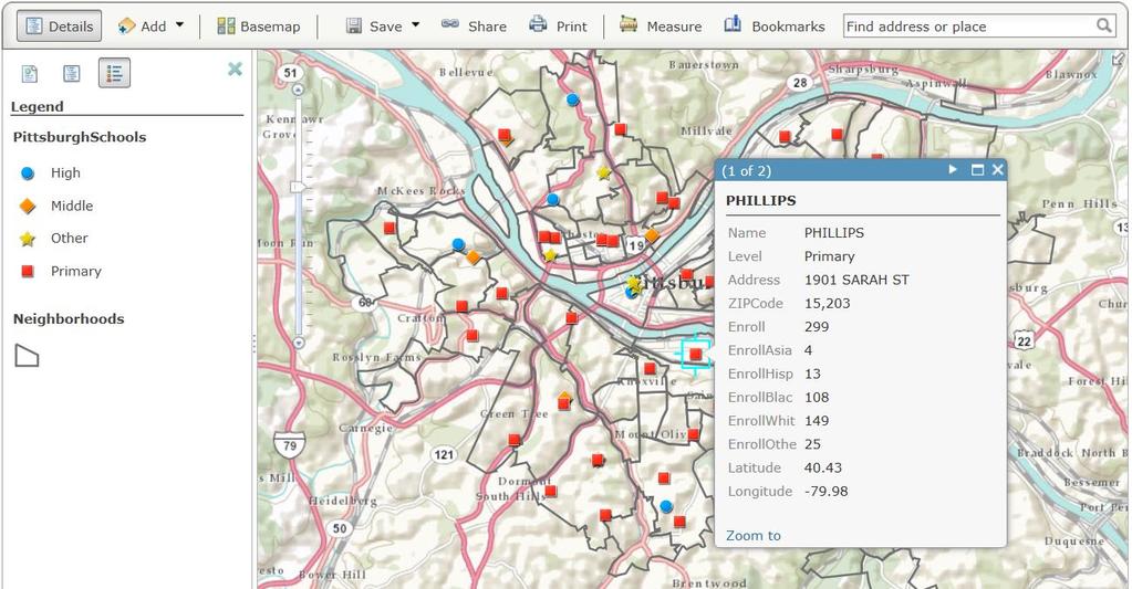 Sample ArcGIS Online individual map Viewed in browser over the Internet Uses Schools and