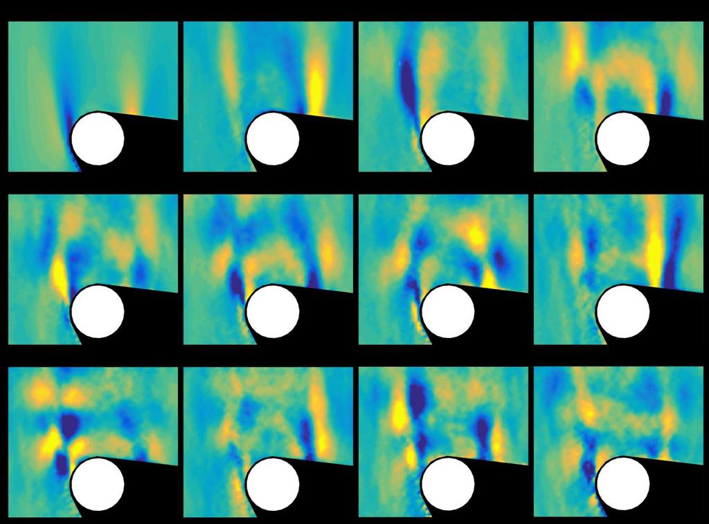 78 vorticity maps of the same 12 modes reveals modes one and two do produce symmetric structures with almost equal energies. Figure 46.