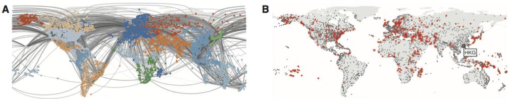 Global contagion Simulated epidemic: gray lines - passenger flow, red symbols epidemics