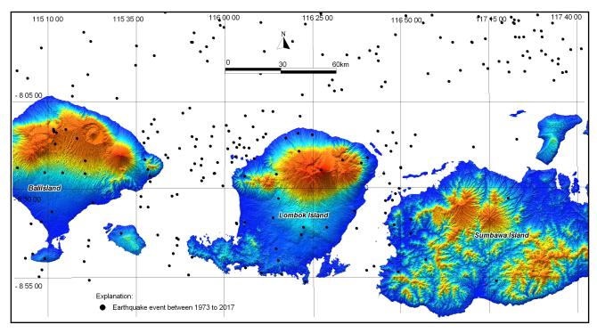 Fig. 2. Distribution of earthquakes during the period of 1973-2017. 150 N 100 Distance (km) 50 0 Lombok 50 150 100 50 0 50 100 150 Distance (km) Fig. 3.