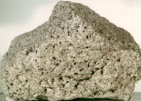 FIGURE 9.10 Rock from a Lunar Mare. In this sample of basalt from the mare surface, you can see the holes left by gas bubbles, which are characteristic of rock formed from lava.