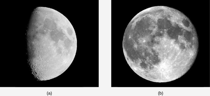 FIGURE 9.16 Appearance of the Moon at Different Phases. (a) (b) Illumination from the side brings craters and other topographic features into sharp relief, as seen on the far left side.