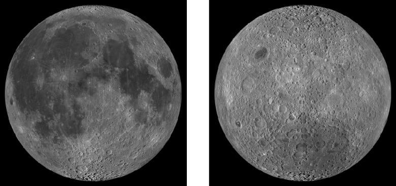 FIGURE 9.2 Two Sides of the Moon. The left image shows part of the hemisphere that faces Earth; several dark maria are visible.