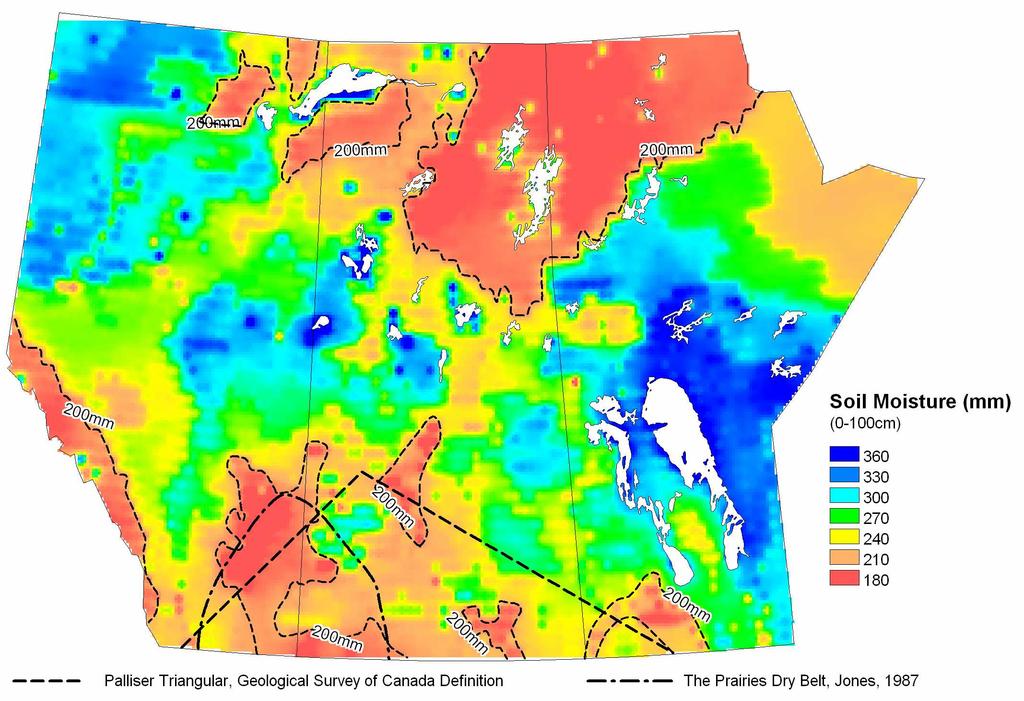 3. Applications of VIC soil moistures 60-yr (1950-2009) average of soil moisture (top 1-m) over the Prairies with the 200 mm soil moisture contour, showing
