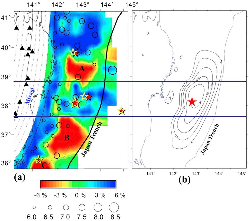 Figure 3. Comparison of (a) P wave tomography in the megathrust zone (the same as Figure 2a) with (b) the coseismic slip distribution of the 2011 Tohoku oki earthquake (Mw 9.