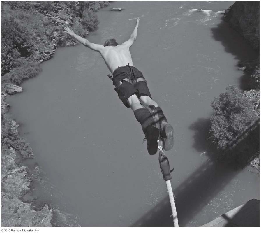 Spring problem A h=2m tall, m=80 kg bungee jumper leaps from a H=30m bridge with a bungee cord with spring constant k = 100 N/m attached