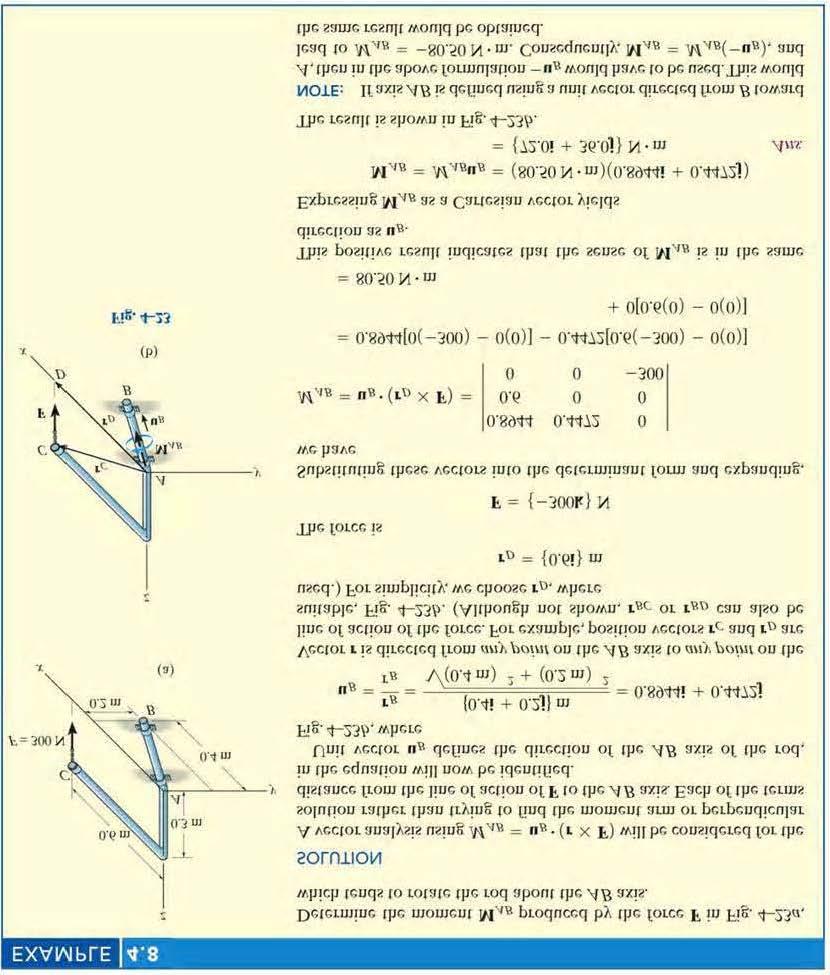 Eample 25: Determine the moment M AB produced by force F in Figure which tends to rotate the rod about the AB ais. Solution: Because that F is parallel to the z-ais so it has no moment about z-ais.