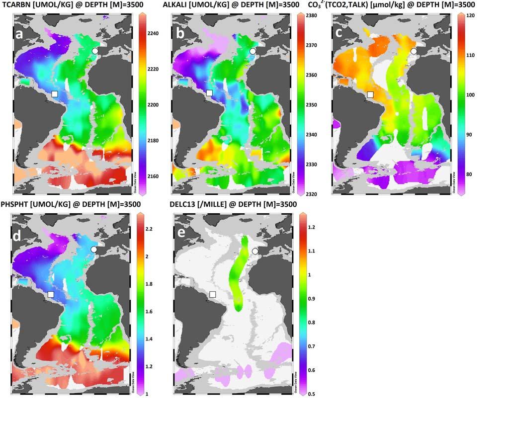 Supplementary Fig. 8 Distributions of geochemical tracers at.5 km in the Atlantic Ocean based on the GLODAP dataset 1. a, DIC. b, ALK, c, [CO 2- ]. d, PO4. e, 1 C.