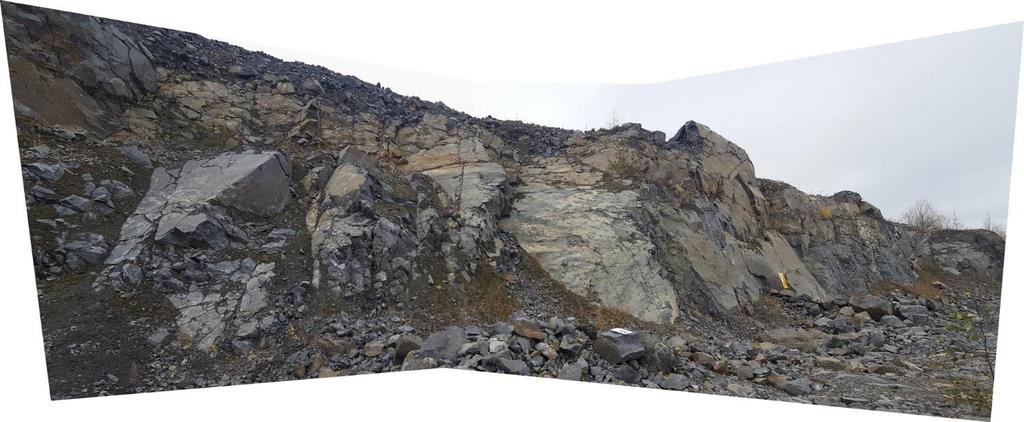 17 Figure 17. A panorama collection of photos showing joint set that indicates rotational opening from right to left at the observation site SW-66/13, Särkijärvi open pit. Photos M. Pajunen.