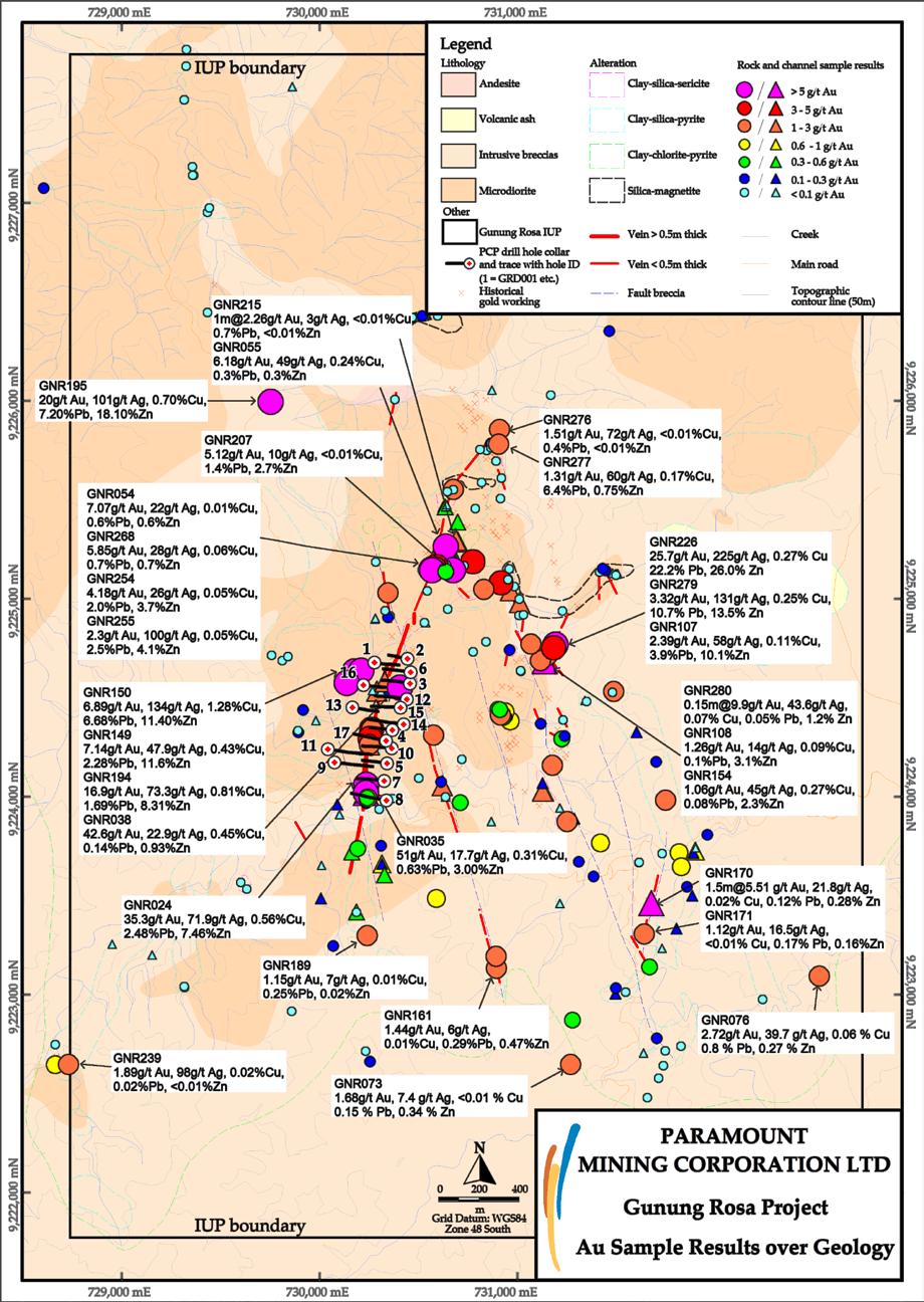 Drill Hole Locations, Gold Rock Chip Results & Relation of Veins and Prospects Figure 3: Relationship of current drilling program to rock chip geochemistry and recognised veins in IUP Licence.