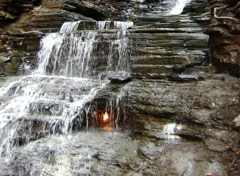 This is the Eternal Flame Waterfall, on Shale Creek, in Chestnut Ridge Park, near Buffalo, New York.