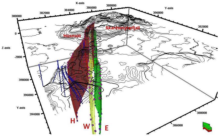 Figure 3. Faults at the western margin of the Hengill system. The faults dip to the east, except fault labeled E which dips west. Consequently a graben is found between faults W and E.