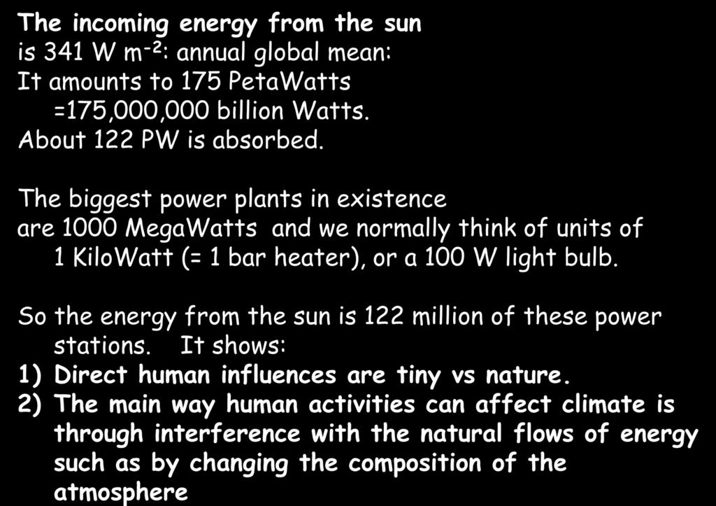 The incoming energy from the sun is 341 W m -2 : annual global mean: It amounts to 175 PetaWatts =175,000,000 billion Watts.