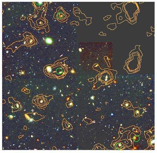 4 Brndl et l. Fig.4. The HST Hule Deep Field North with n overly of the ISOCAM 15µm contours (yellow lines). The loction of 7 µm ISOCAM detections is indicted with green circles (Aussel et l. 1999).