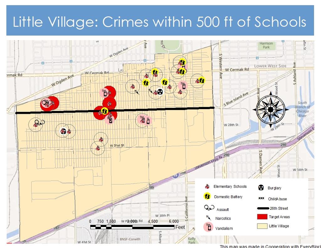 them. This increases the likelihood that school children are witnessing violent crime. Additionally, along 26th Street, this map locates violent crimes in a specific location.