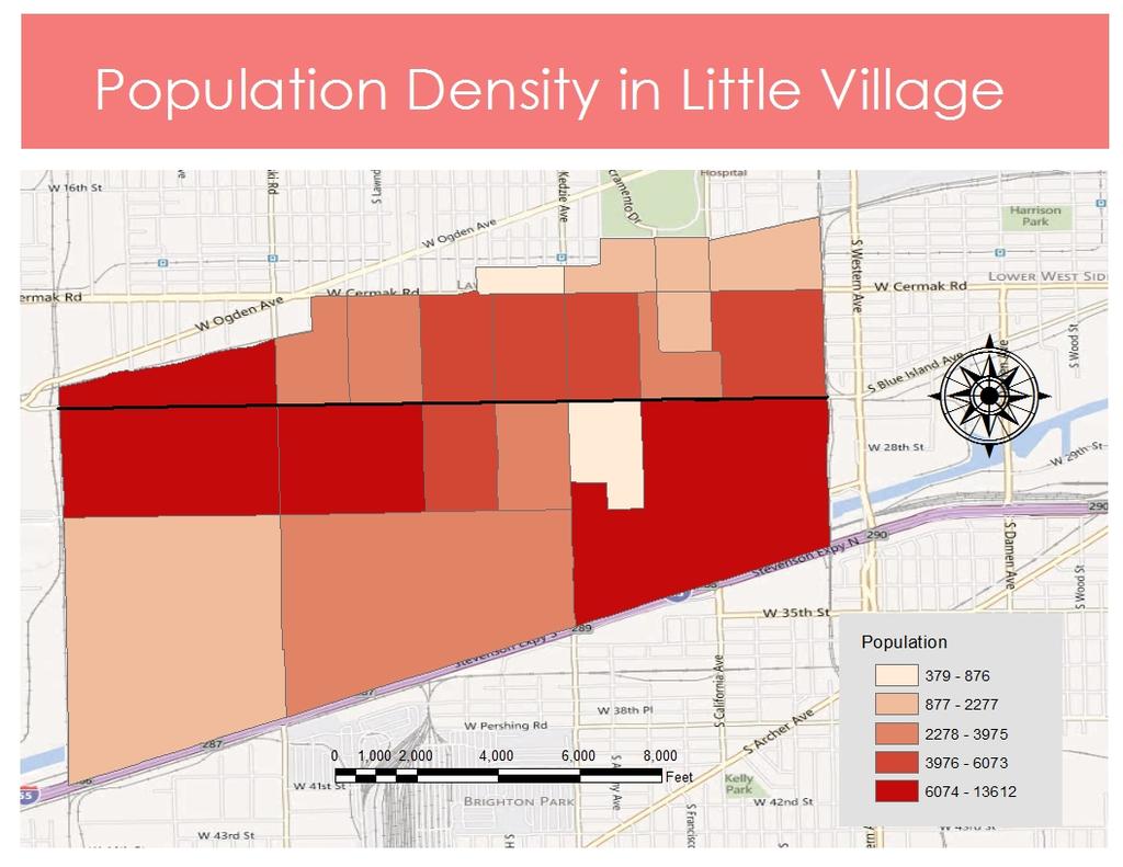 Overview: Map 3: Population Density in Little Village (2010) This map shows the distribution of the community population of Little Village.