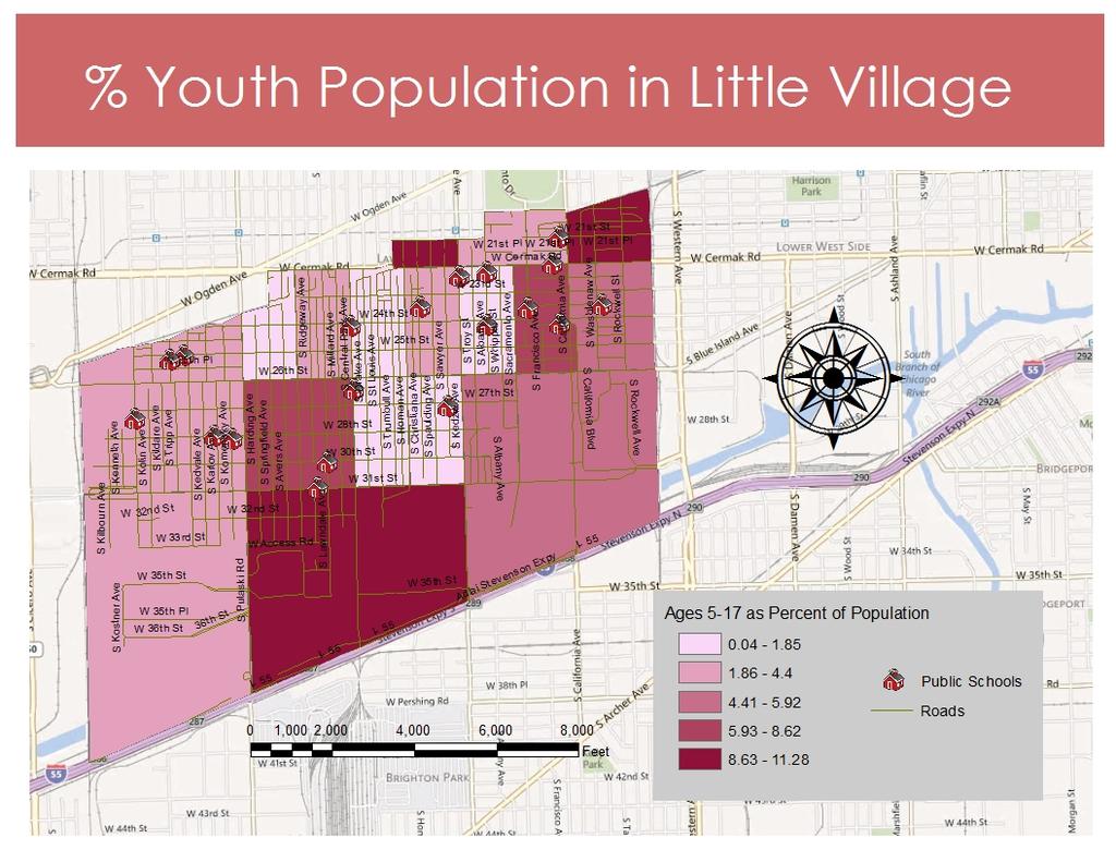 Overview: Map 4: Percent Youth Population in Little Village This map contains information on the distribution of youth in Little Village, along with the public schools and main roads in the