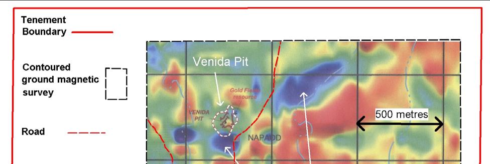 previously mined in the Venida pit. A number of shallow intersections of up to 30m width at grades up to 3.15 g/t Au, 65 g/t Ag and 1.38% Cu were reported.