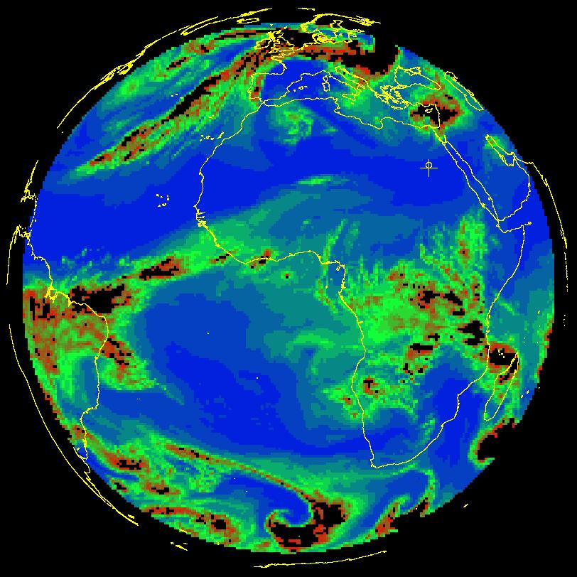 Figure 4: The Upper Tropospheric Humidity (UTH) field as derived within the MSG MPEF (top) and the corresponding IR window channel image showing the cloud distribution. 3.