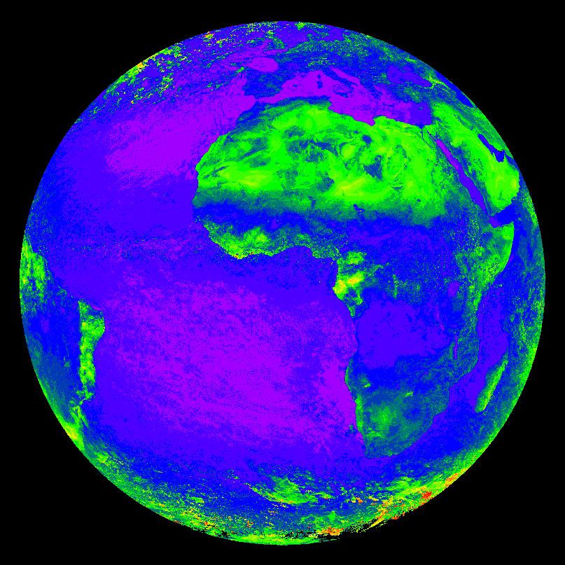 Figure 9: A high level jet-stream area depicted by Atmospheric Motion derived from cloudy targets with the IR channel (red), the water vapour channel (blue), and the visible channel (green) 3.