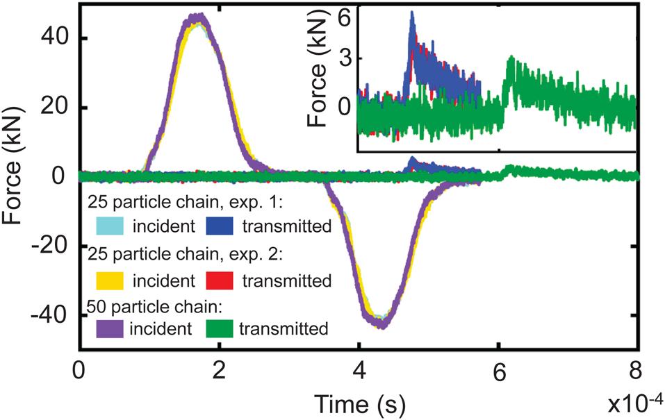 Fig. 4 Experimentally measured forces within the incident and transmission bars of the Hopkinson bar setup as measured by the strain gauges for 25 and 50 particle chains of uniform stainless steel