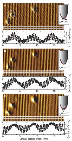 Influence of DMI on magnetic structures Brightest part shifts depending on the orientation of the spin polarization of the tip.