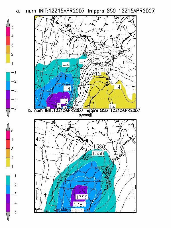 Figure 8 NAM 00-hour forecasts initialized at 1200 UTC 15 April 2007 showing (left) a) 850 hpa temperatures (C ) and b) heights (m) and (right) 850 hpa winds (KTS) and a)