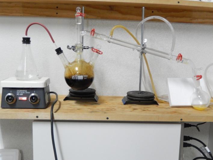 Steam distillation to separate the crude chlorobenzene The distillate was given time to form two layers. Then, it was transferred to a separatory funnel and the layers were separated.