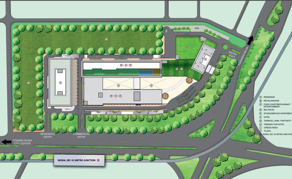 SITE PLAN TOWARD NH A Residences B Retail/Anchor C Food Court/Restaurant / Entertainment D Multiplex E Studio/Serviced Apartments F Hotel G Terrace Lawn For Party H Terrace For Hotel I Green J Plaza