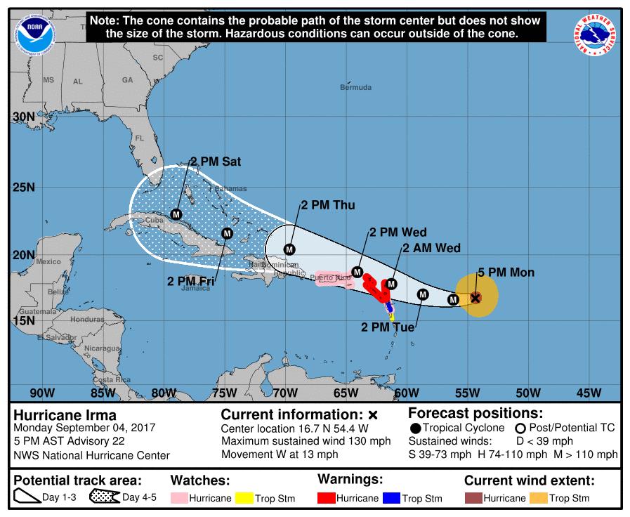Situation Overview Hurricane Irma New Information 130 mph Cat 4 Moving W 13 mph 5-Day Track Cone has reached the Florida Keys Florida Keys WEATHER FORECAST OFFICE Immediate Concerns None no