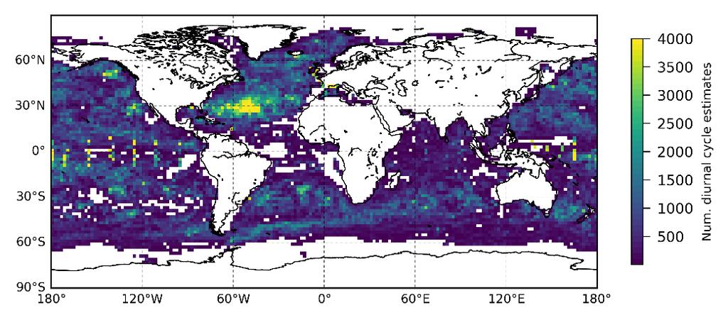 Number of observations of SST diurnal cycle Large gaps in tropical Atlantic.