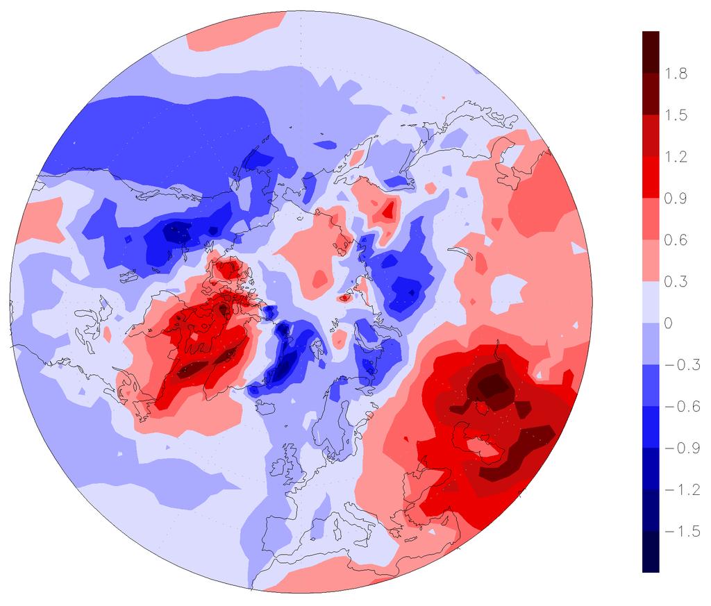 Figure 2: Composite of daily mean surface temperature anomalies for the 60-day interval following the major stratospheric warming events of 1989 to 2010 from ERA interim.