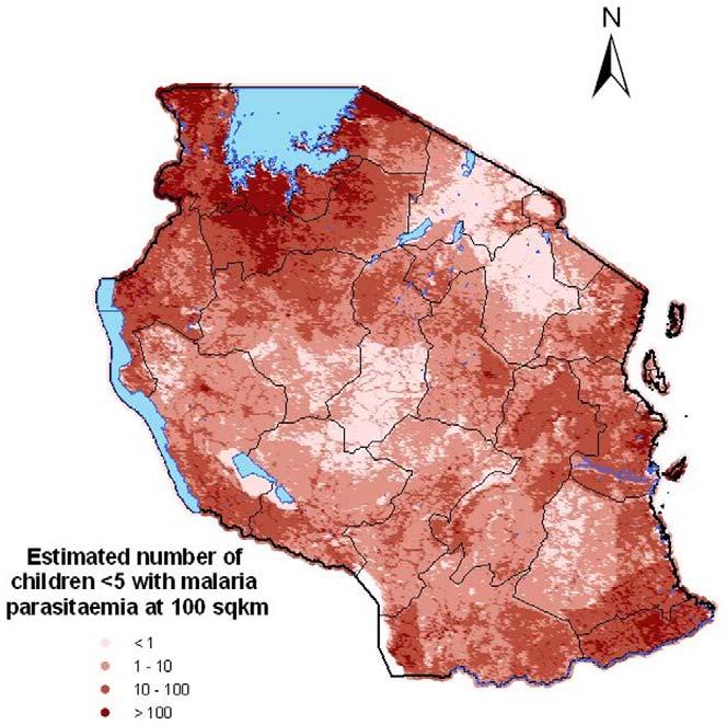 The malaria distribution map shows very low levels of prevalence (v0:05%) on the island of Zanzibar. Figure 5. Estimated number of children v5 years infected with malaria parasite in Tanzania. doi:10.
